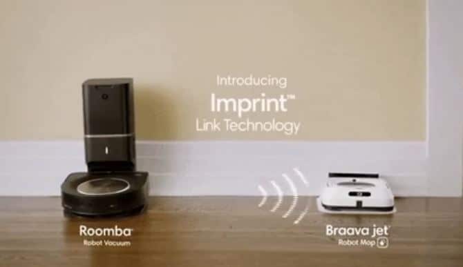 The imprint link technology allows the Roomba to communicate with the Braava jet to perform the cleaning. Image via iRobot