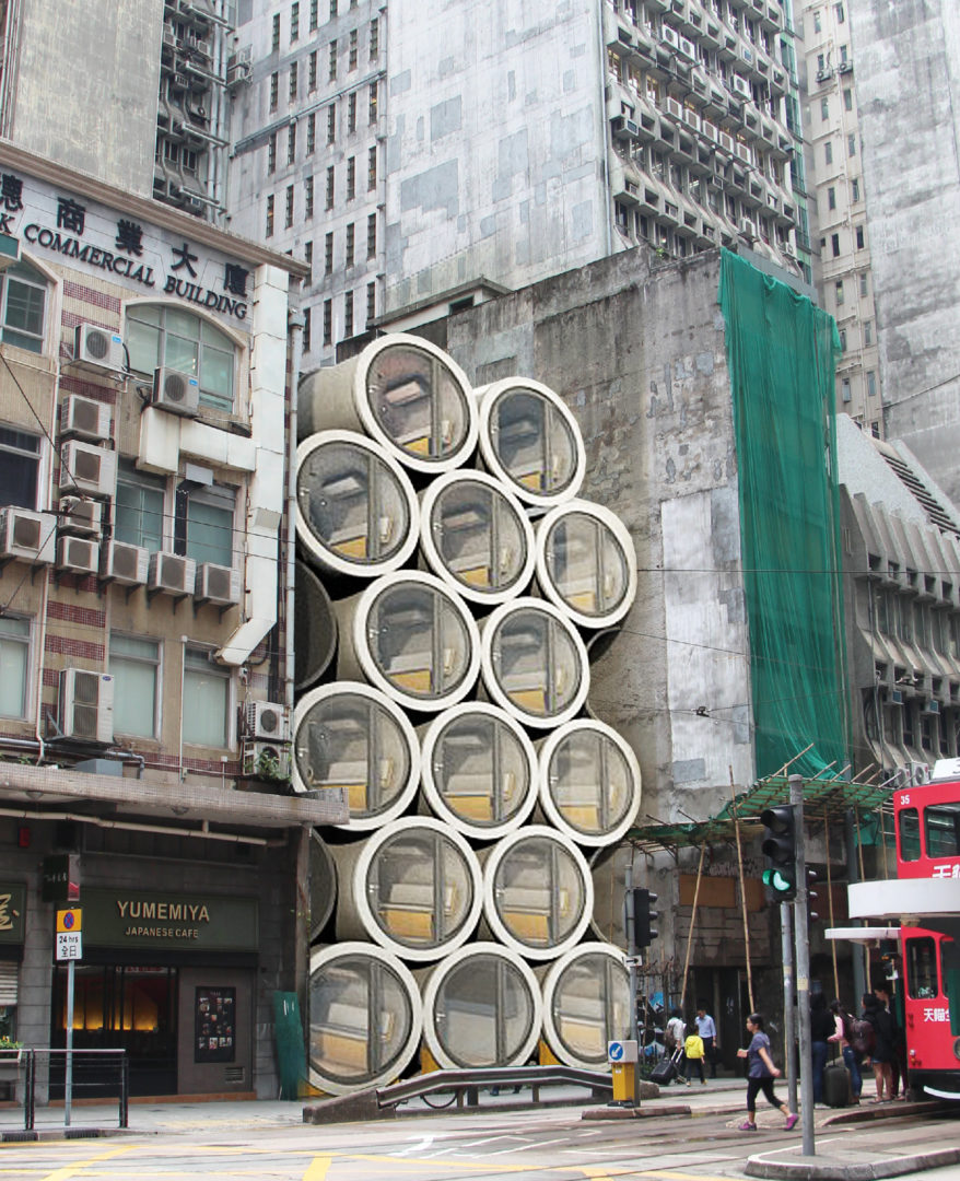The illustration shows the tube homes in between of high rise buildings. Image via James Law Cybertecture