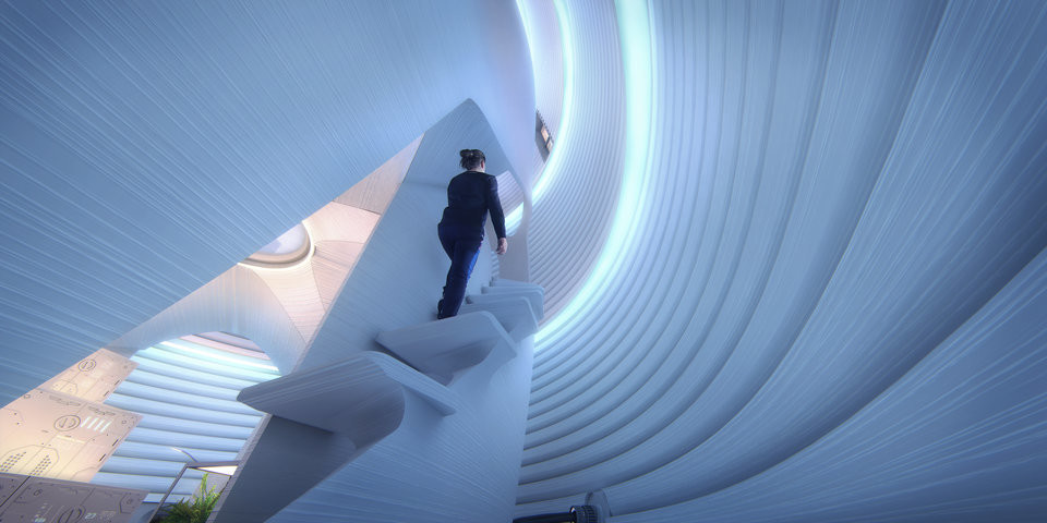 An astronaut walks up the stairs of the pod. Image via NASA
