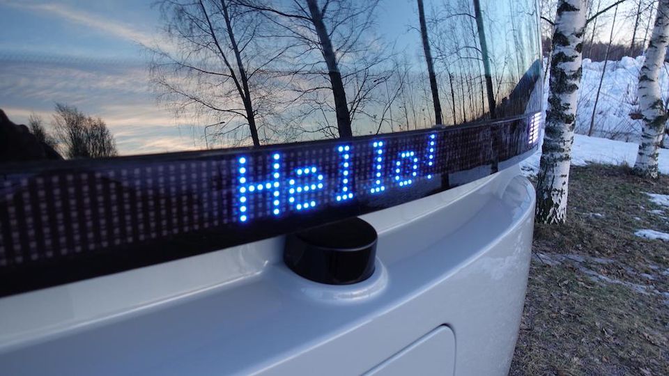 The bus has LED screens which sends out message to waiting passengers. Image via Muji
